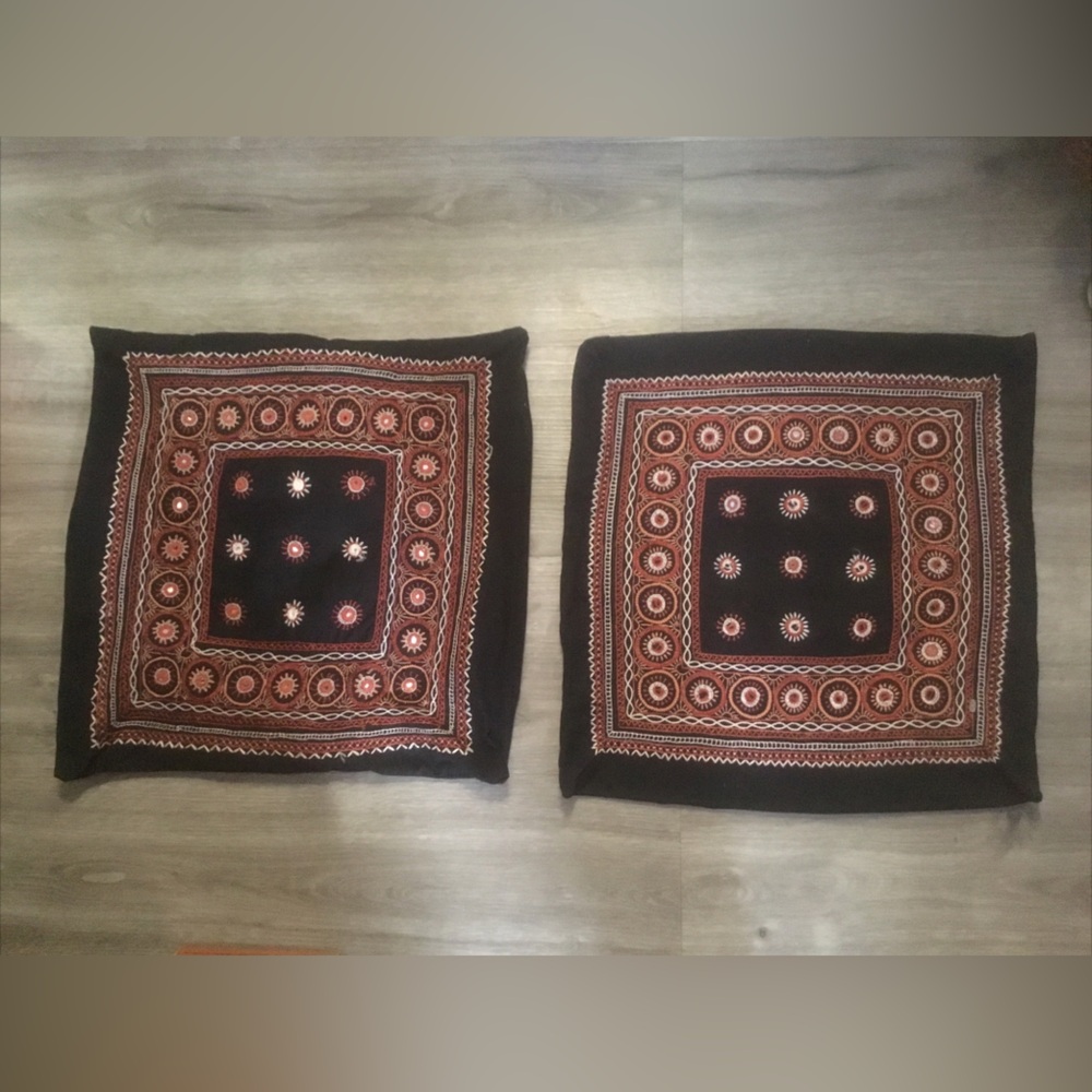 Hippie Boho Vibe Hand Embroidered Black Brown Tan Pillow Covers Set of 2 Vintage